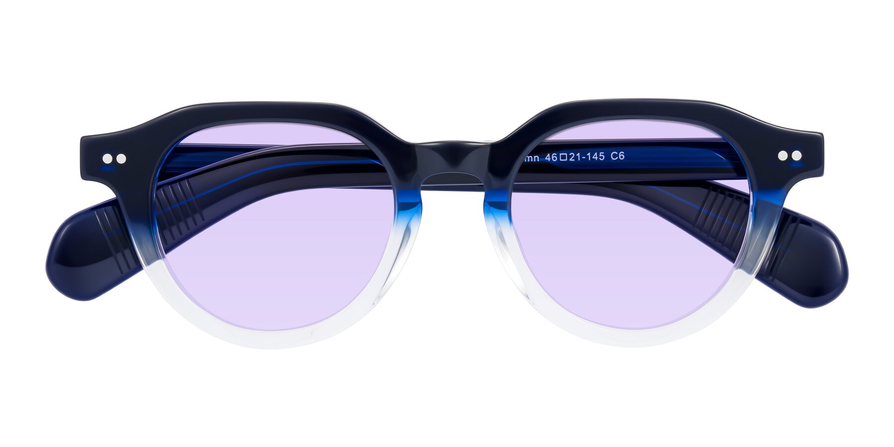 Folded Front of Rohamn in Navy Blue/Clear with Light Purple Tinted Lenses