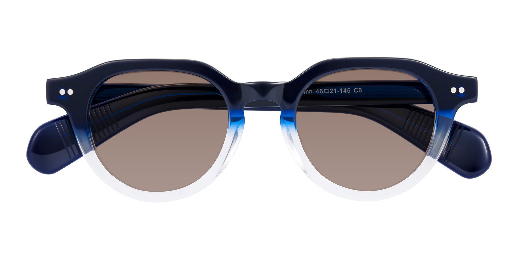 Folded Front of Rohamn in Navy Blue/Clear with Medium Brown Tinted Lenses