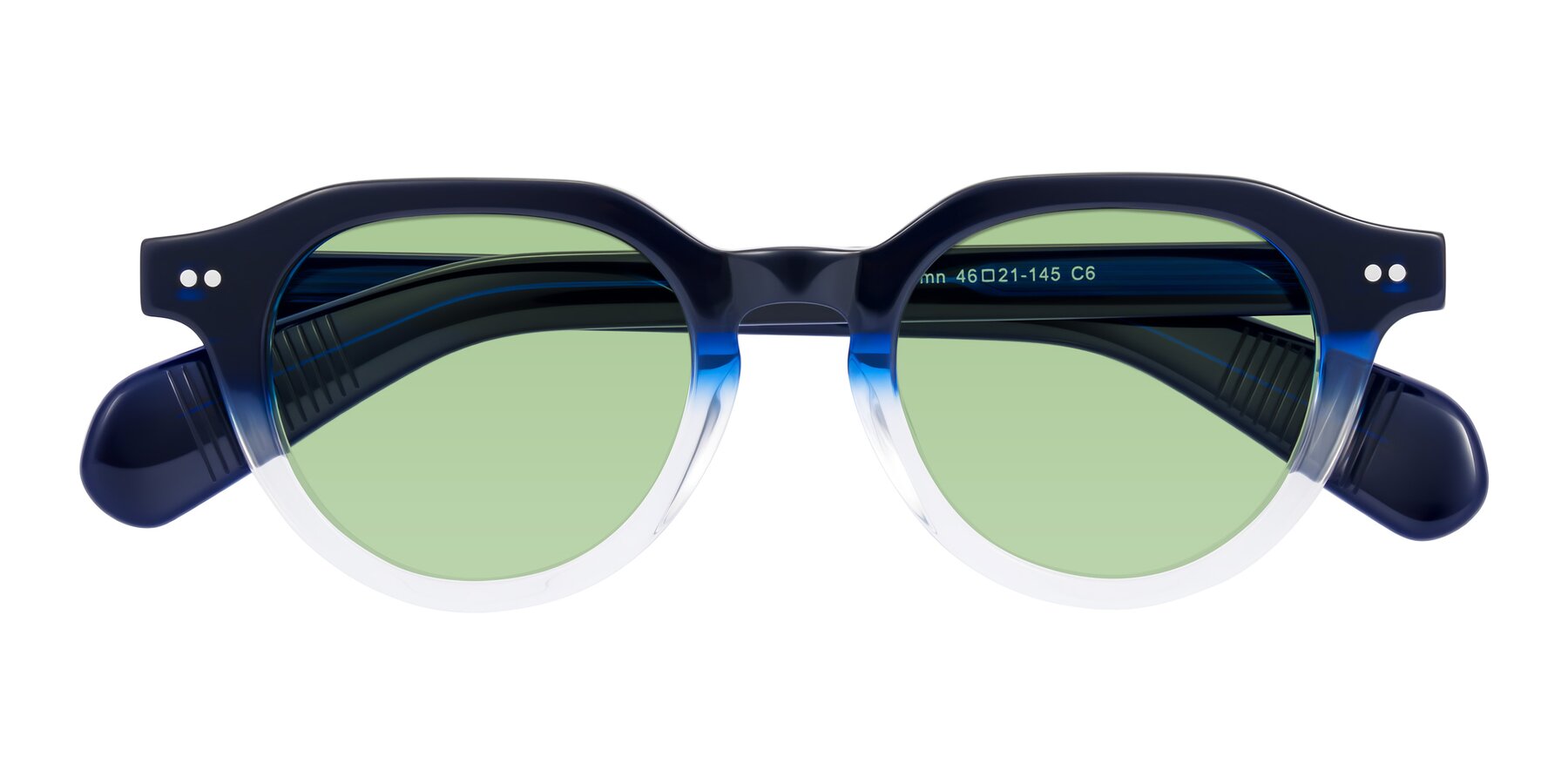 Folded Front of Rohamn in Navy Blue/Clear with Medium Green Tinted Lenses