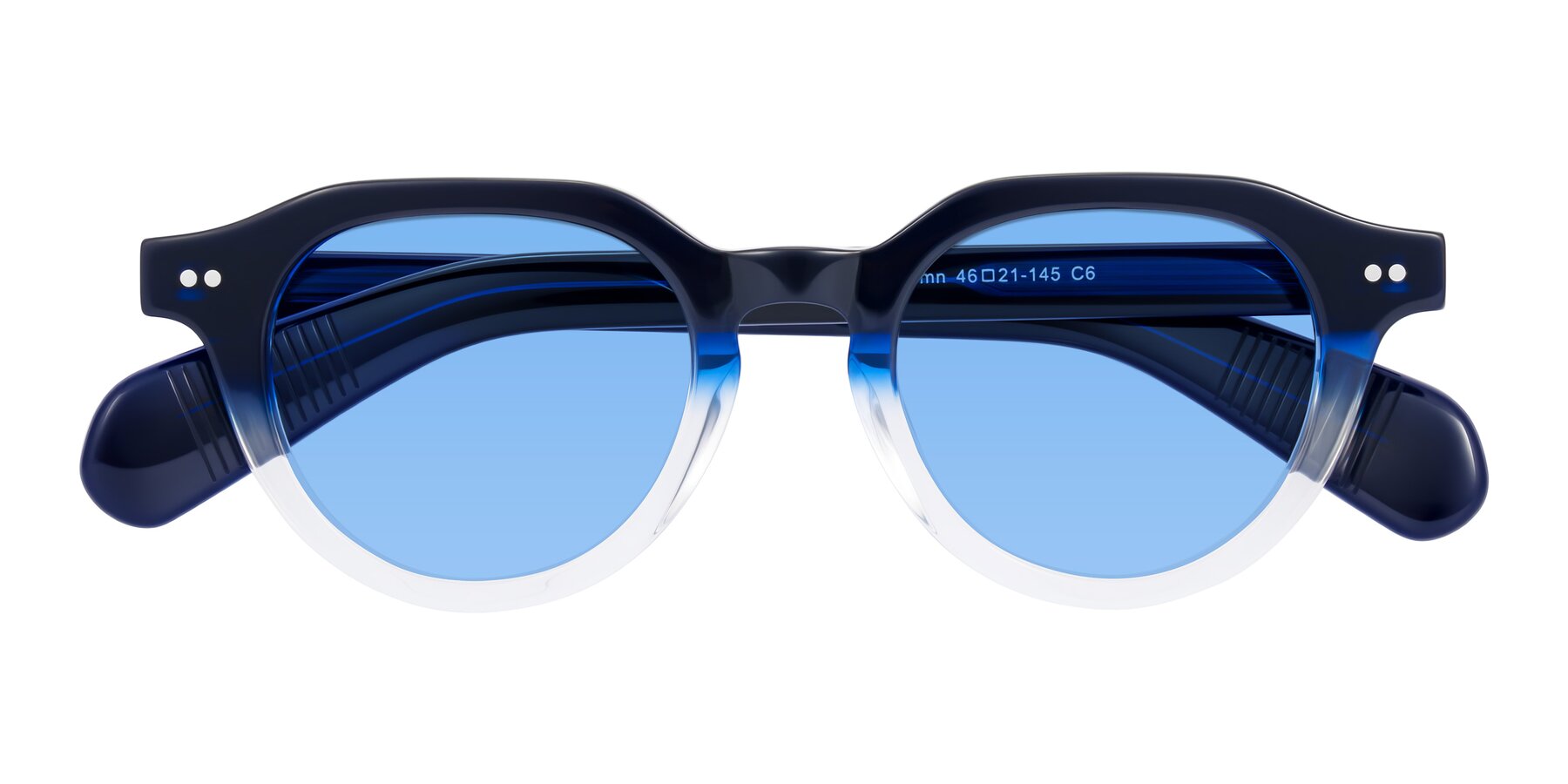 Folded Front of Rohamn in Navy Blue/Clear with Medium Blue Tinted Lenses