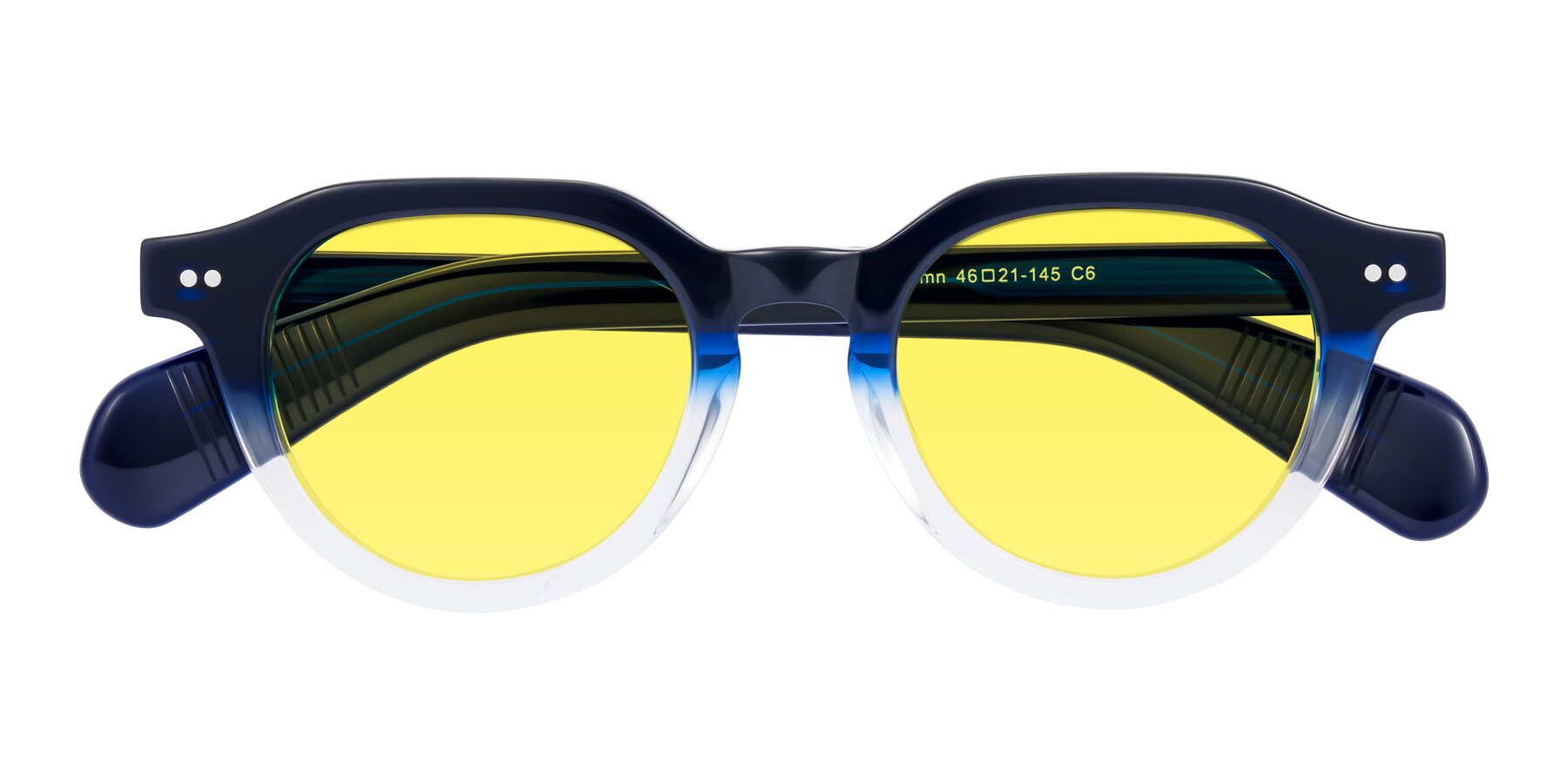 Folded Front of Rohamn in Navy Blue/Clear with Medium Yellow Tinted Lenses
