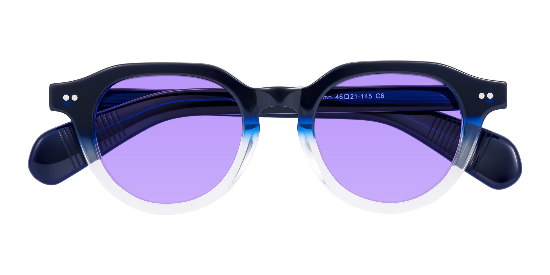 Folded Front of Rohamn in Navy Blue/Clear with Medium Purple Tinted Lenses