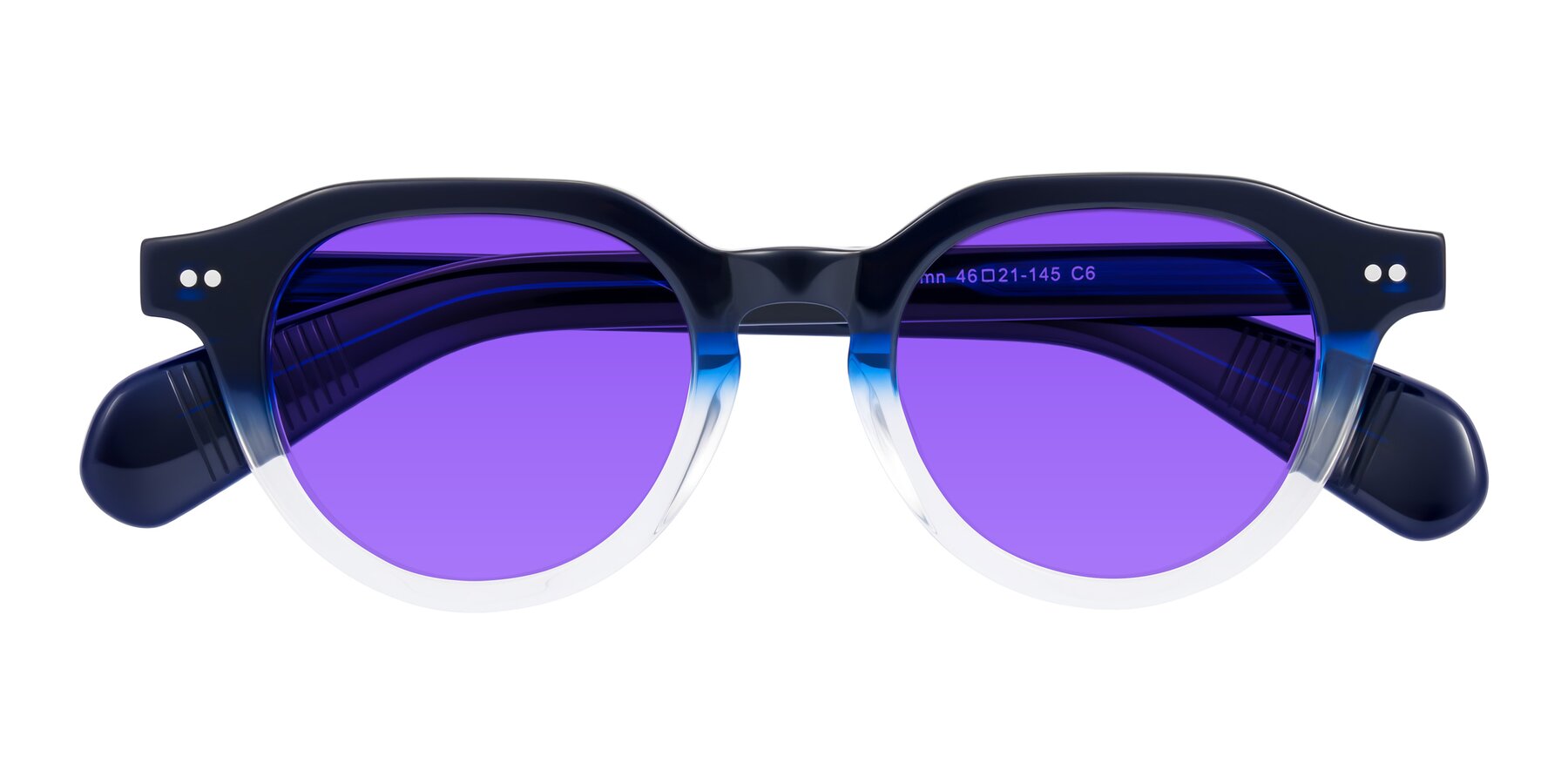 Folded Front of Rohamn in Navy Blue/Clear with Purple Tinted Lenses
