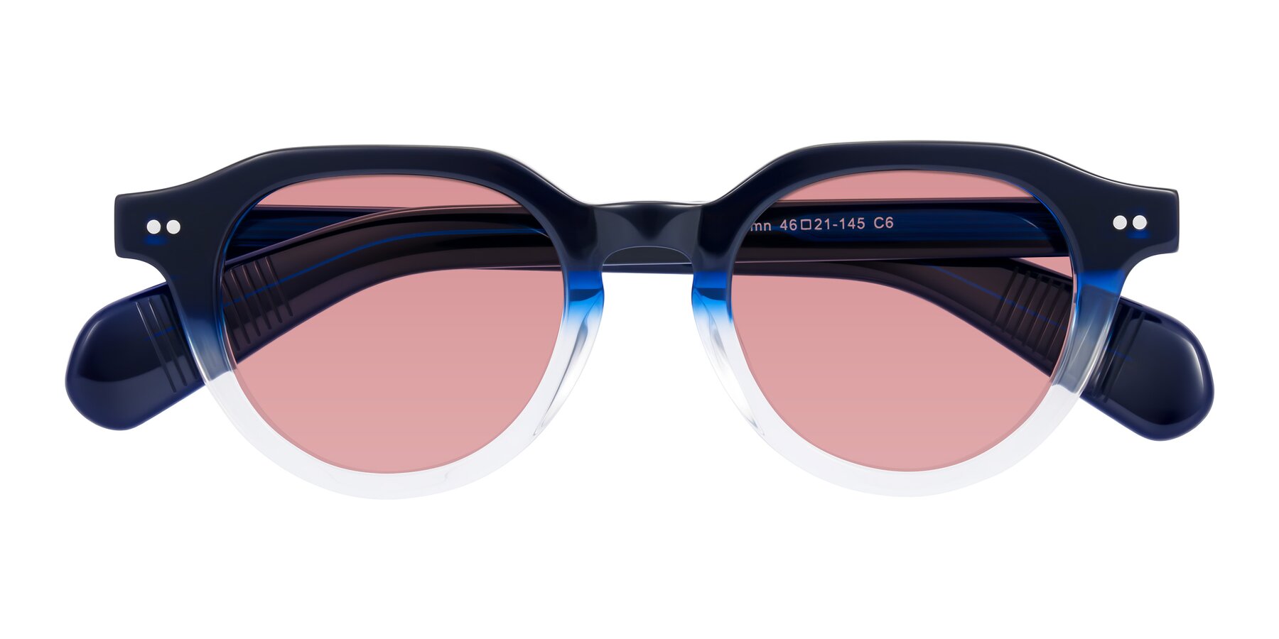 Folded Front of Rohamn in Navy Blue/Clear with Medium Garnet Tinted Lenses