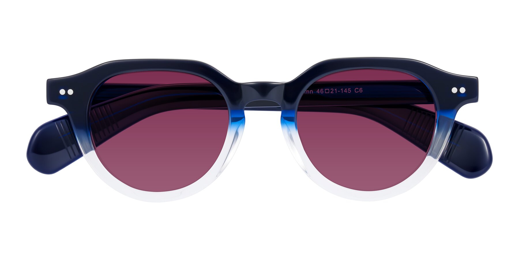 Folded Front of Rohamn in Navy Blue/Clear with Wine Tinted Lenses