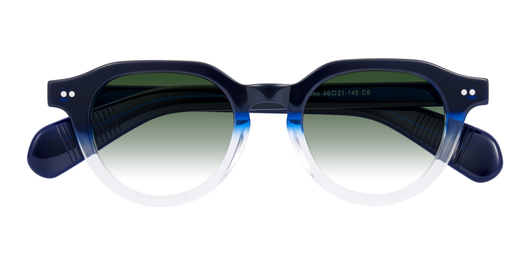 Folded Front of Rohamn in Navy Blue/Clear with Green Gradient Lenses