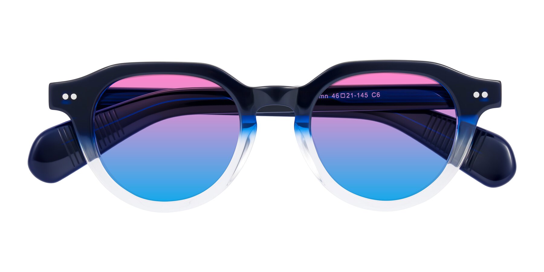 Folded Front of Rohamn in Navy Blue/Clear with Pink / Blue Gradient Lenses