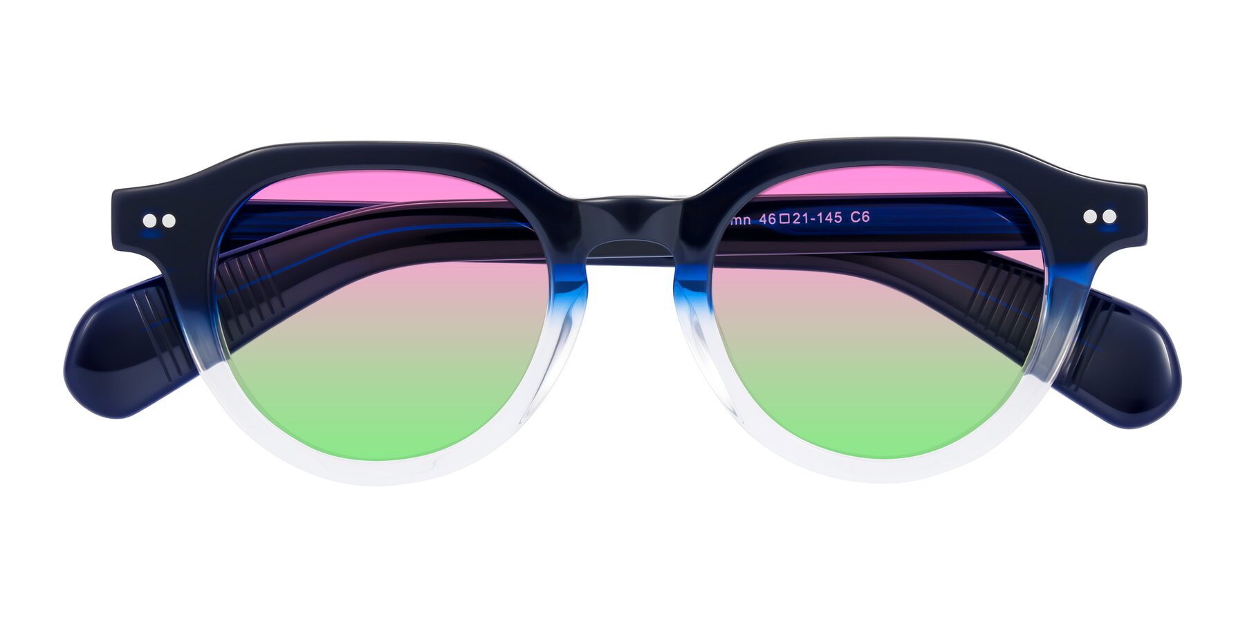 Folded Front of Rohamn in Navy Blue/Clear with Pink / Green Gradient Lenses