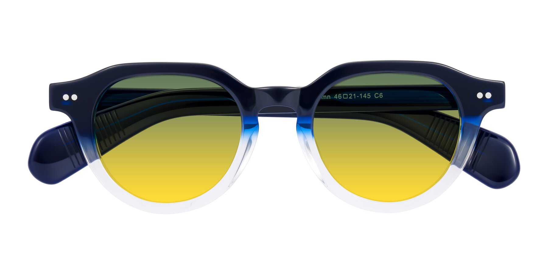 Folded Front of Rohamn in Navy Blue/Clear with Green / Yellow Gradient Lenses
