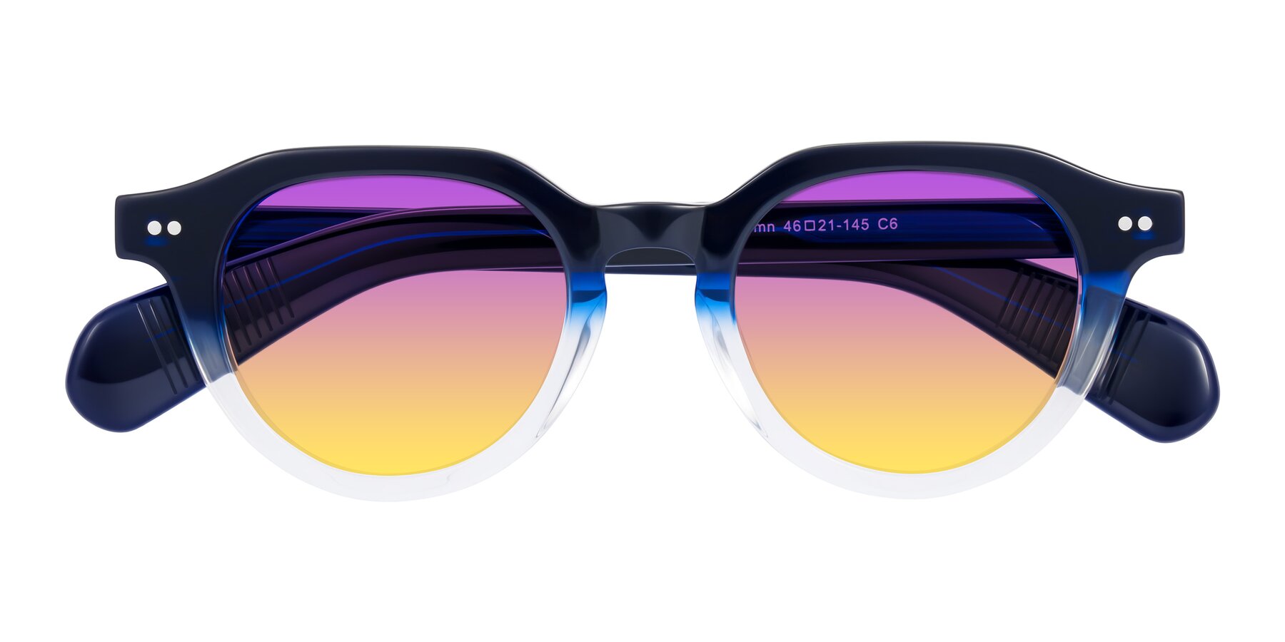 Folded Front of Rohamn in Navy Blue/Clear with Purple / Yellow Gradient Lenses