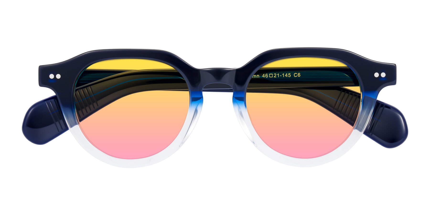 Folded Front of Rohamn in Navy Blue/Clear with Yellow / Pink Gradient Lenses