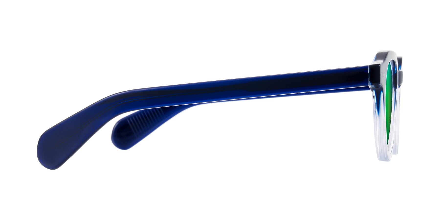 Side of Rohamn in Navy Blue/Clear with Green Mirrored Lenses