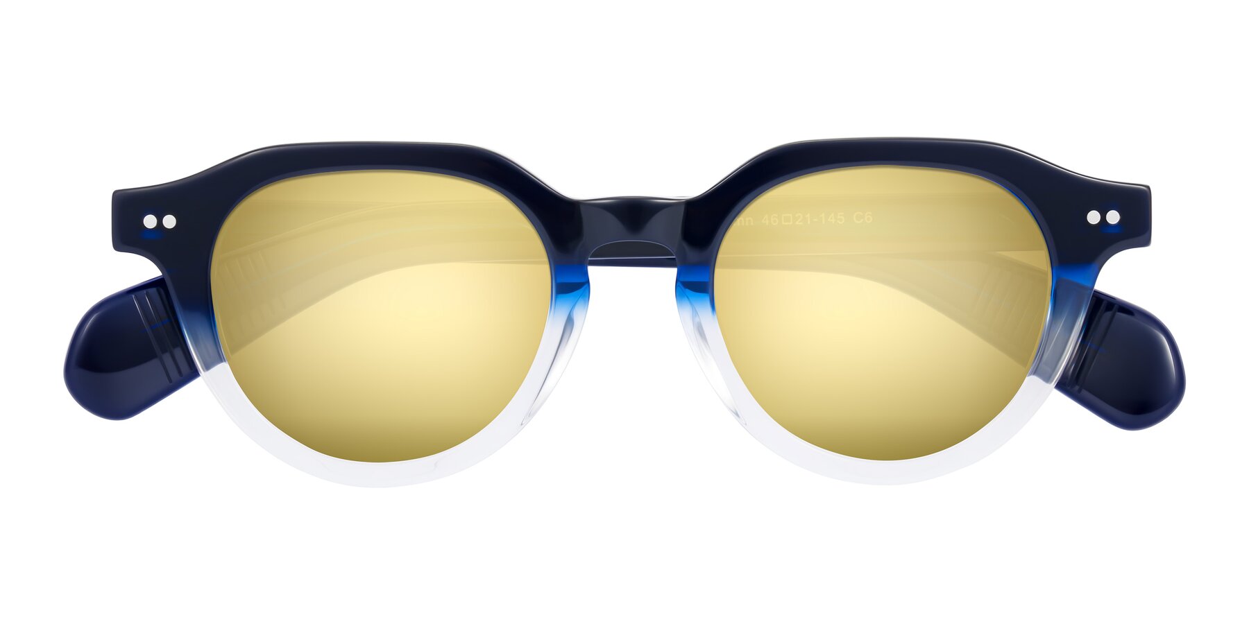 Folded Front of Rohamn in Navy Blue/Clear with Gold Mirrored Lenses