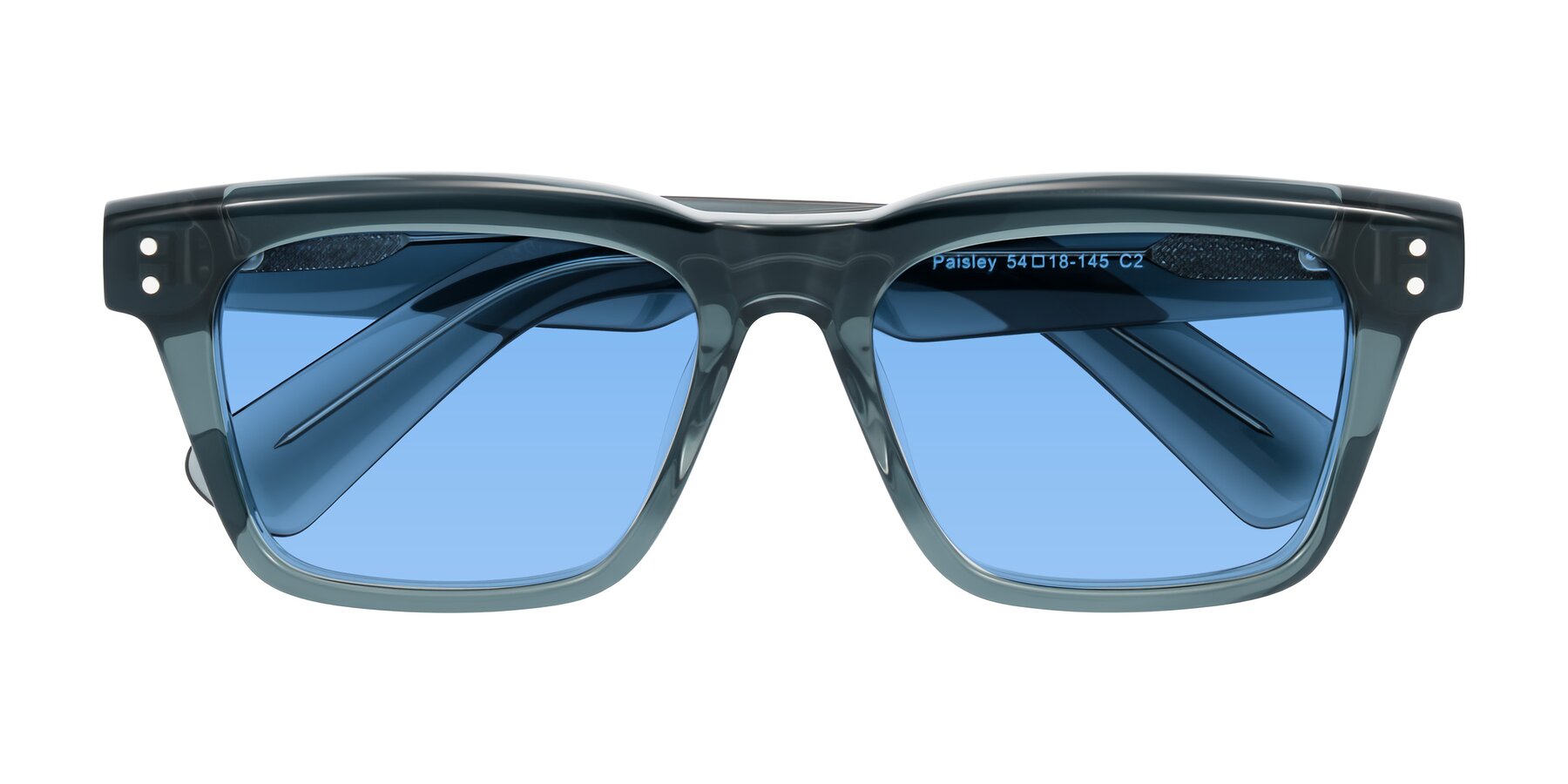 Folded Front of Paisley in Translucent Gray with Medium Blue Tinted Lenses