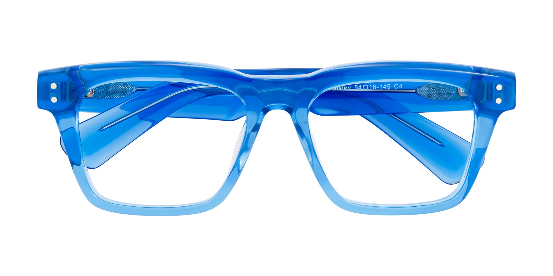 Folded Front of Paisley in Translucent Blue with Clear Eyeglass Lenses