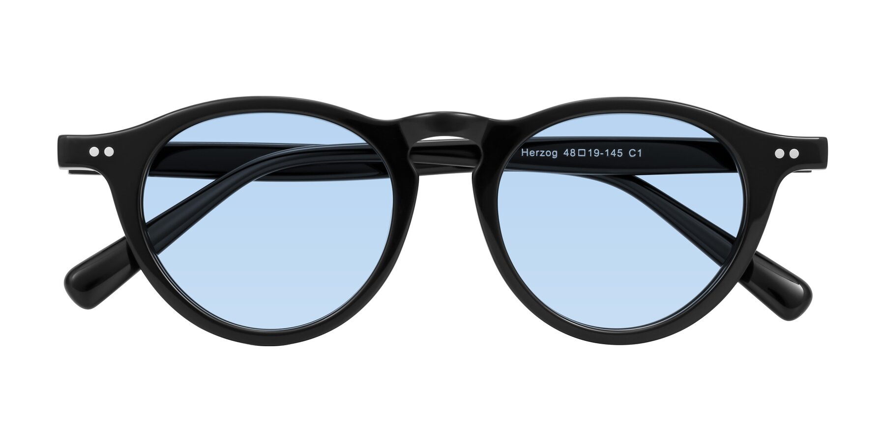 Folded Front of Herzog in Black with Light Blue Tinted Lenses