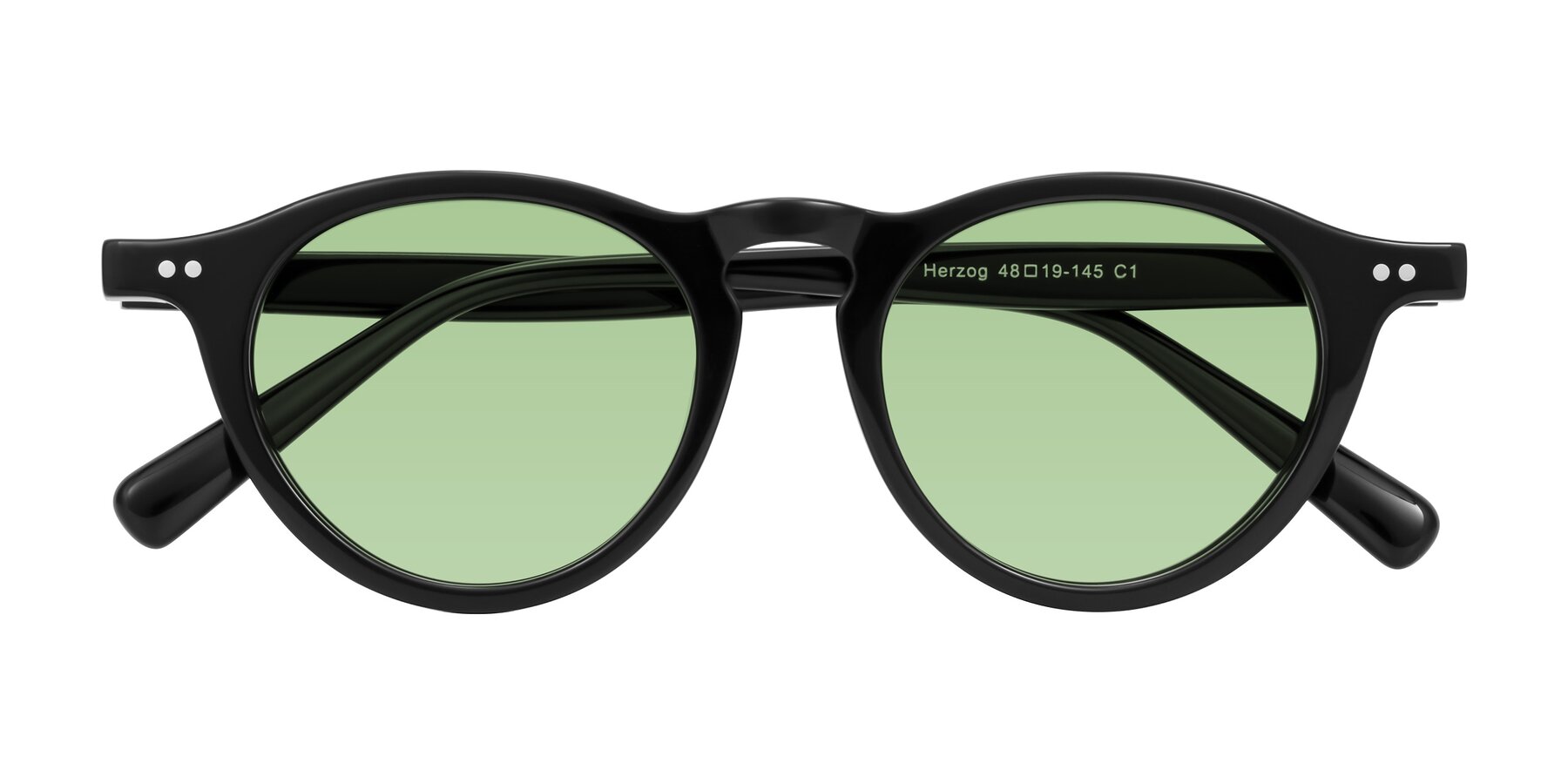 Folded Front of Herzog in Black with Medium Green Tinted Lenses