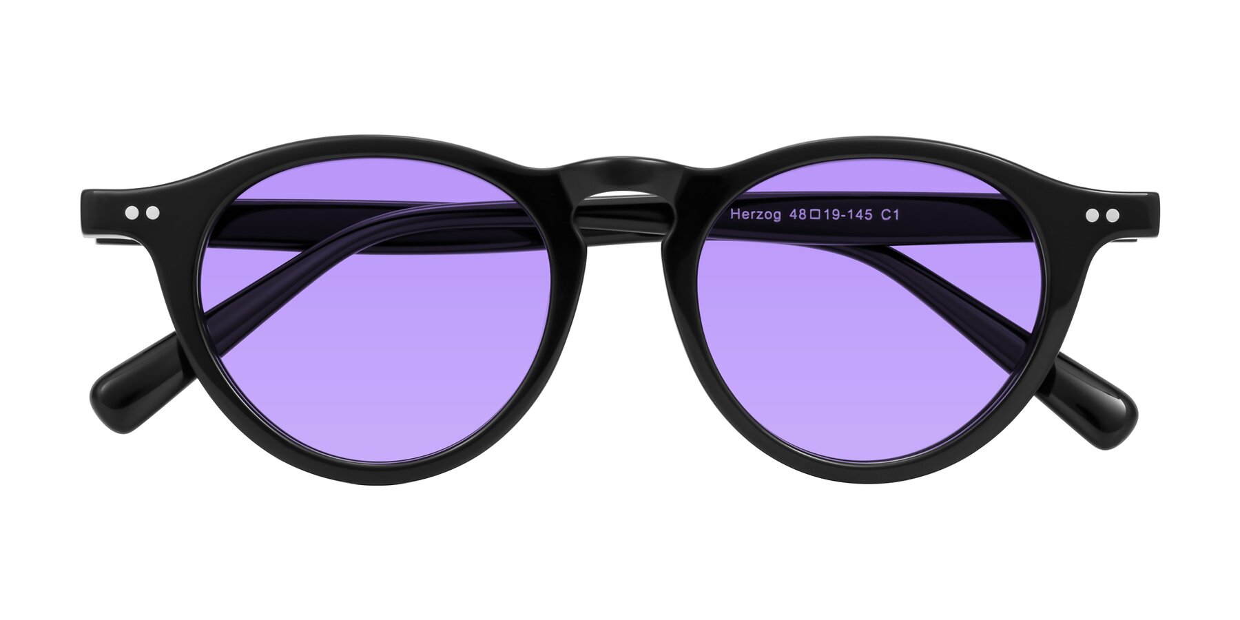 Folded Front of Herzog in Black with Medium Purple Tinted Lenses