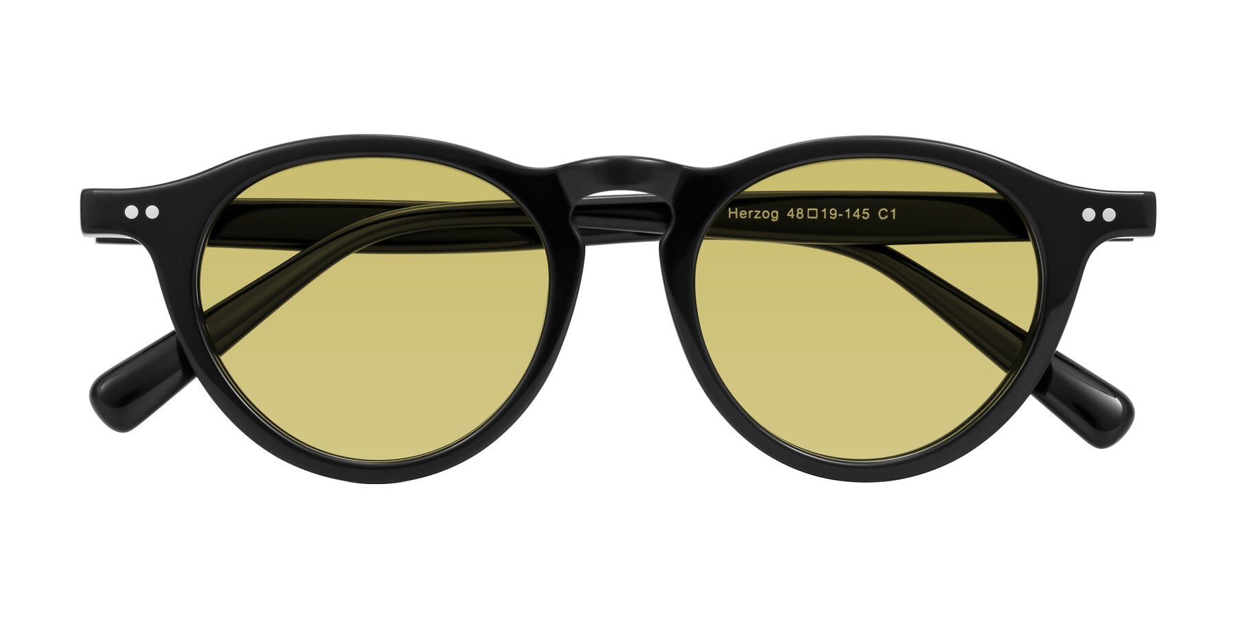 Folded Front of Herzog in Black with Medium Champagne Tinted Lenses