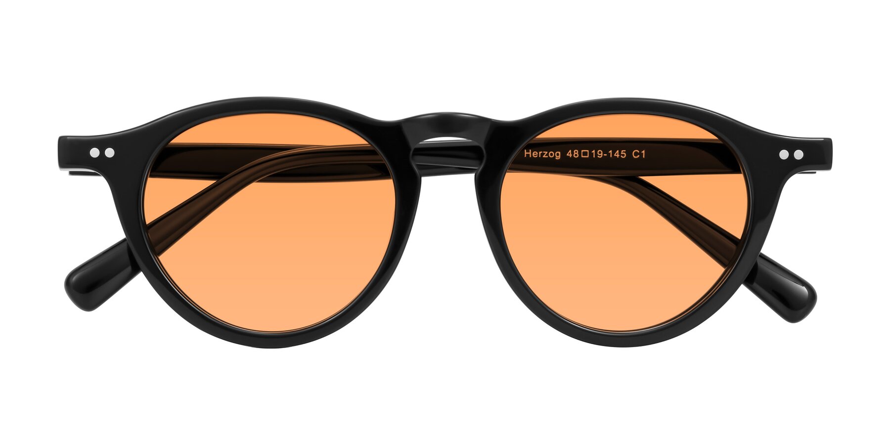 Folded Front of Herzog in Black with Medium Orange Tinted Lenses
