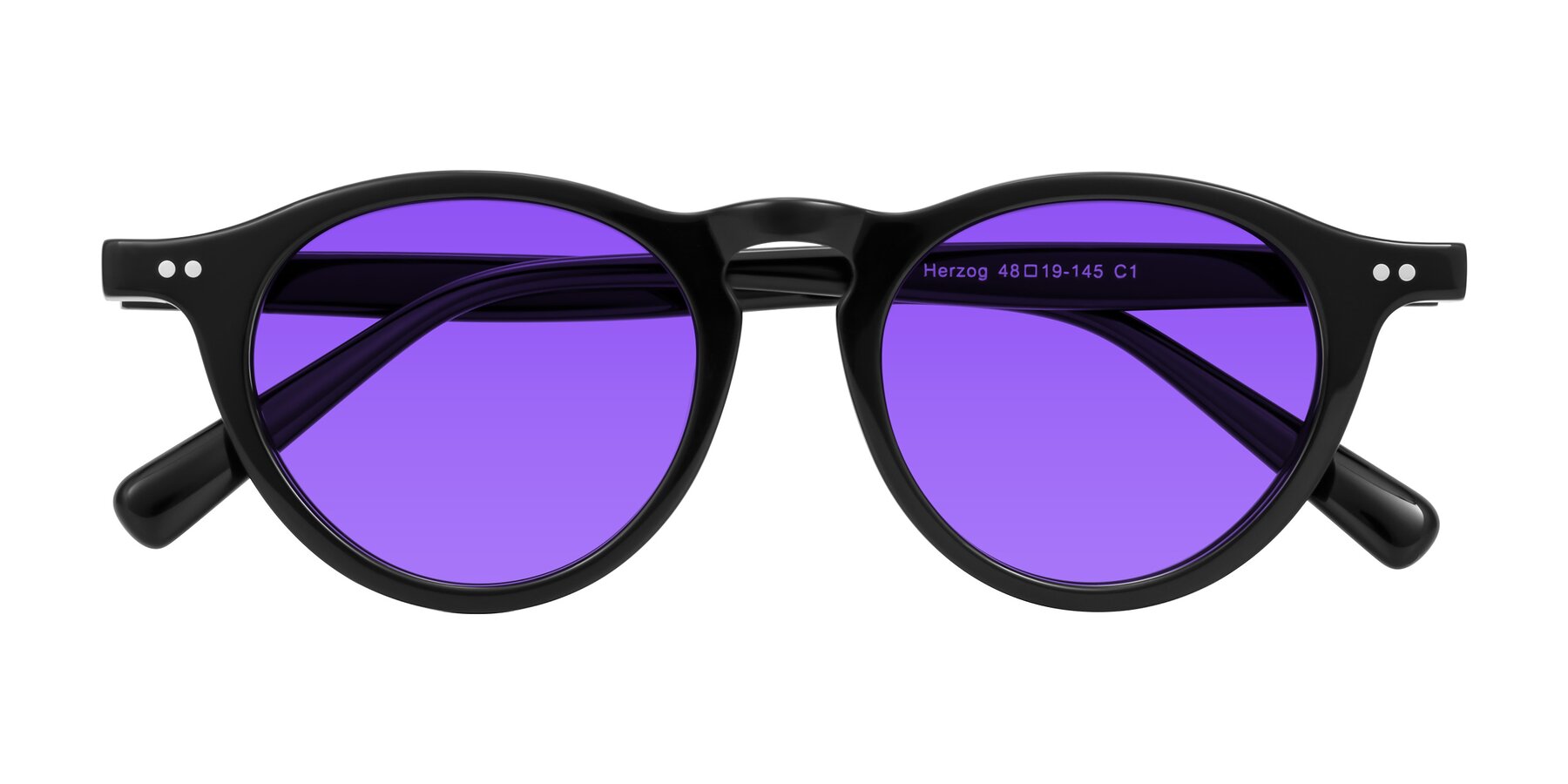 Folded Front of Herzog in Black with Purple Tinted Lenses