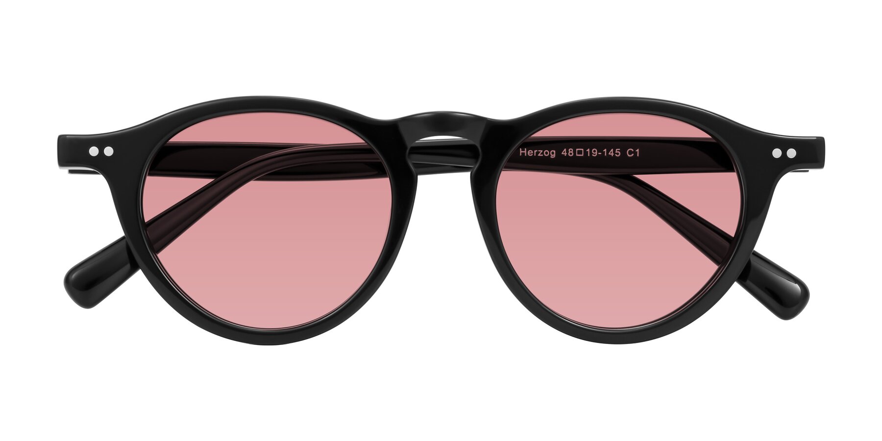 Folded Front of Herzog in Black with Medium Garnet Tinted Lenses