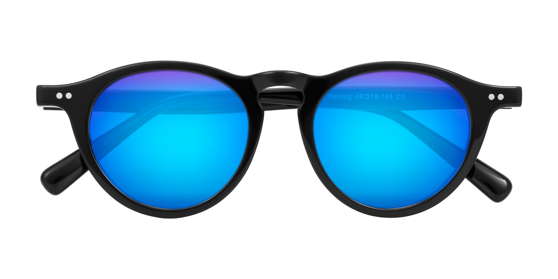 Folded Front of Herzog in Black with Blue Mirrored Lenses