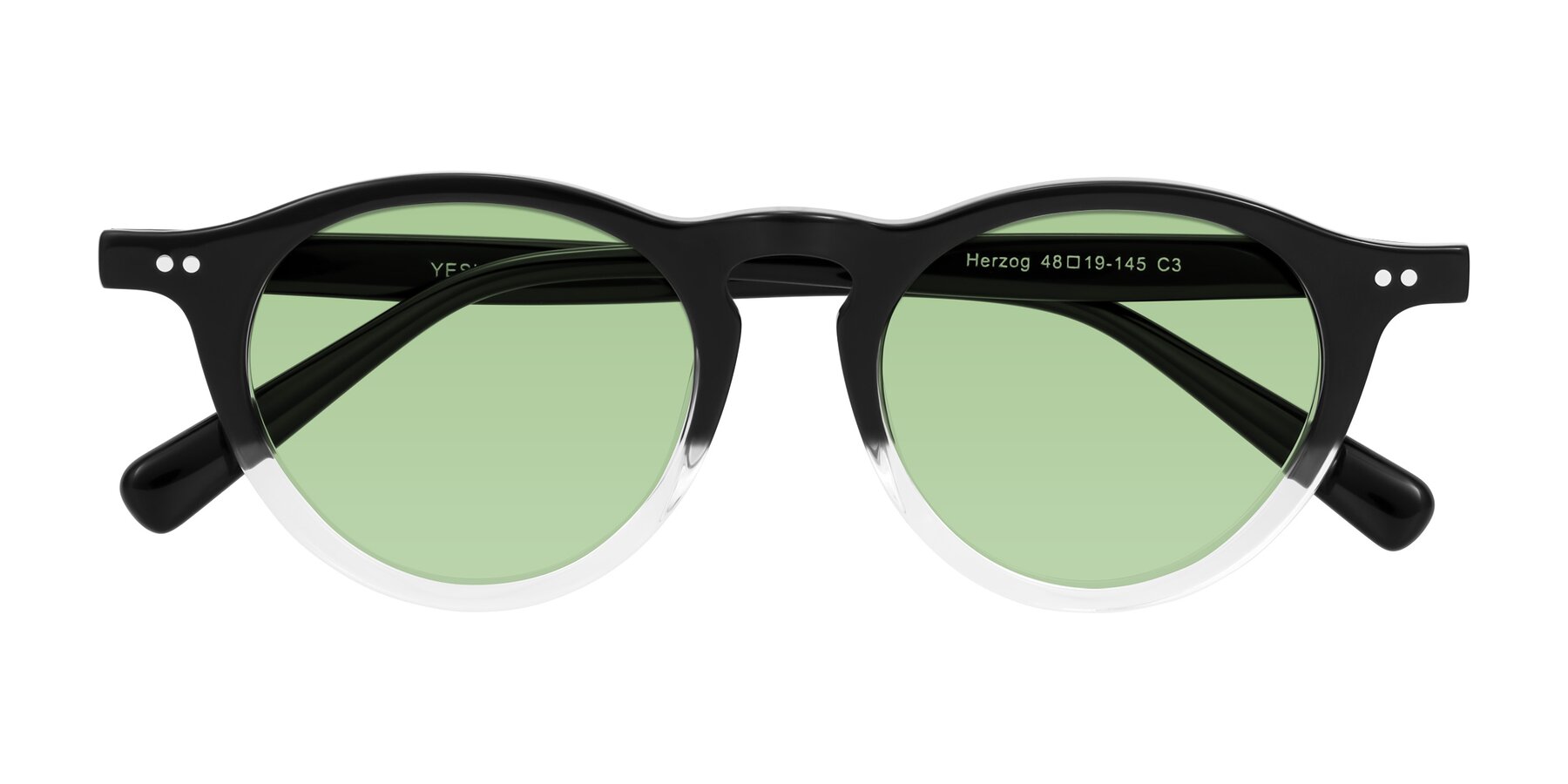 Folded Front of Herzog in Black/Clear with Medium Green Tinted Lenses
