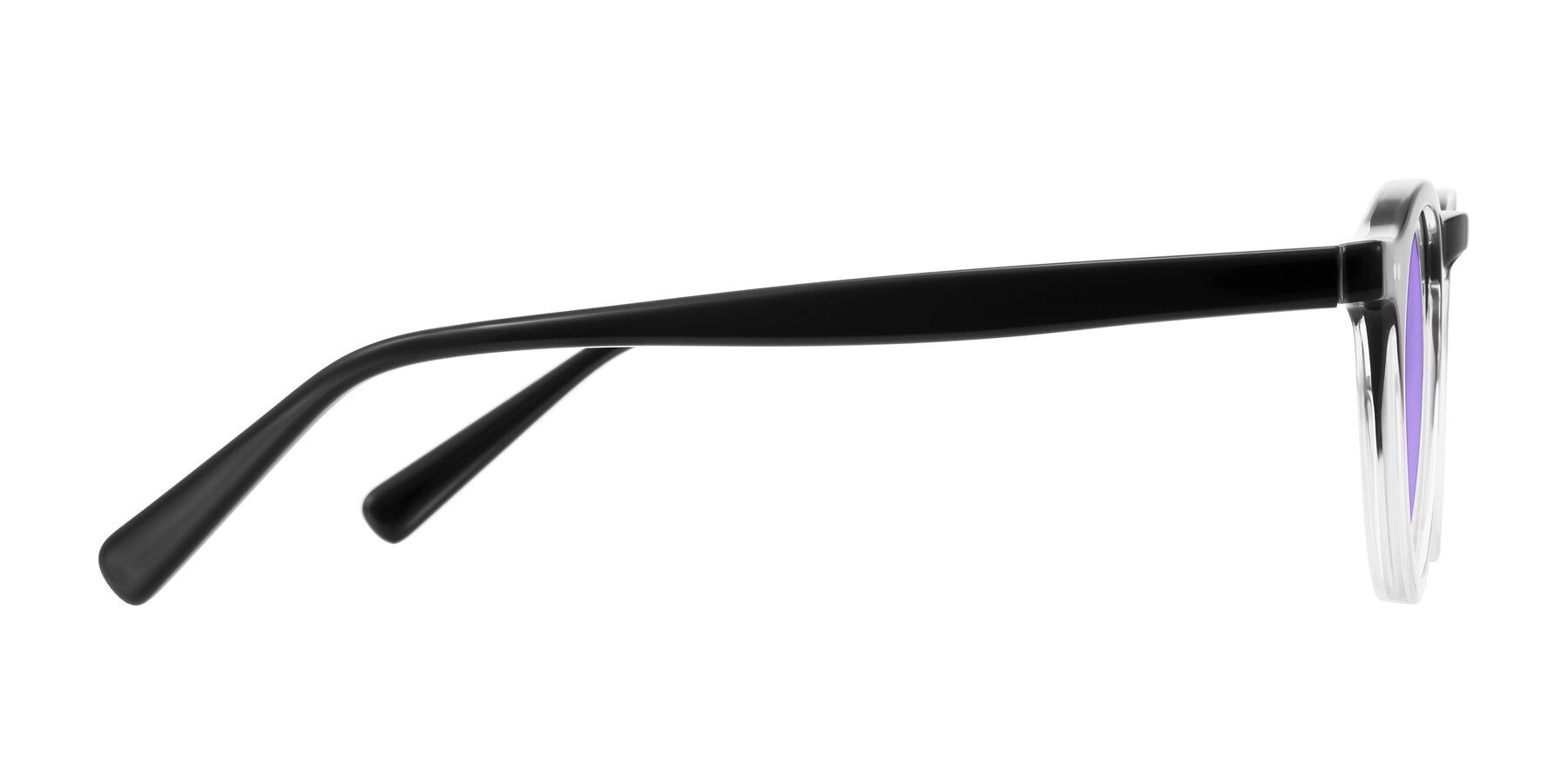 Side of Herzog in Black/Clear with Medium Purple Tinted Lenses