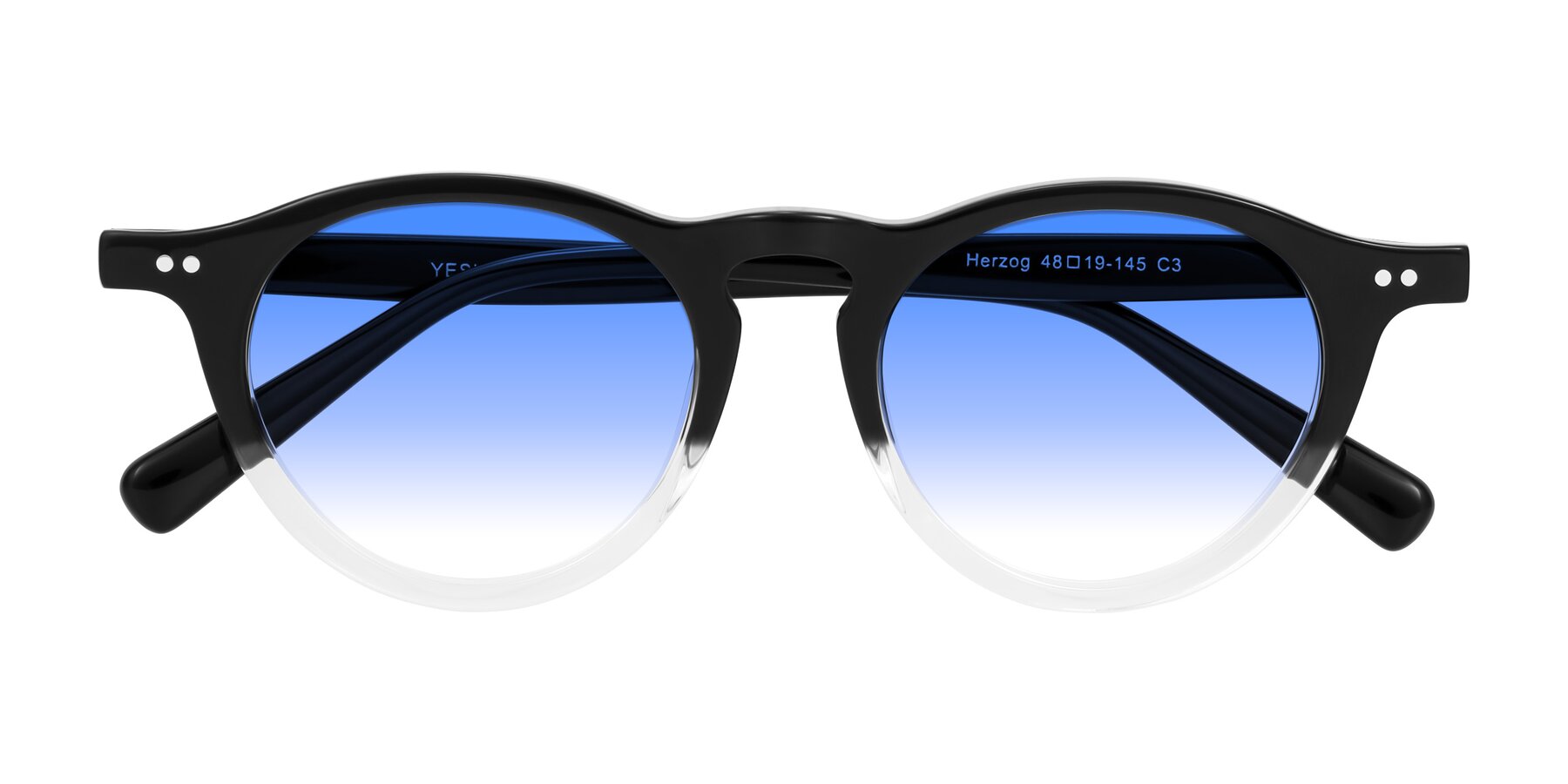 Folded Front of Herzog in Black/Clear with Blue Gradient Lenses