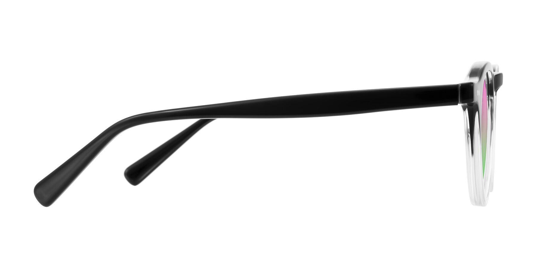 Side of Herzog in Black/Clear with Pink / Green Gradient Lenses