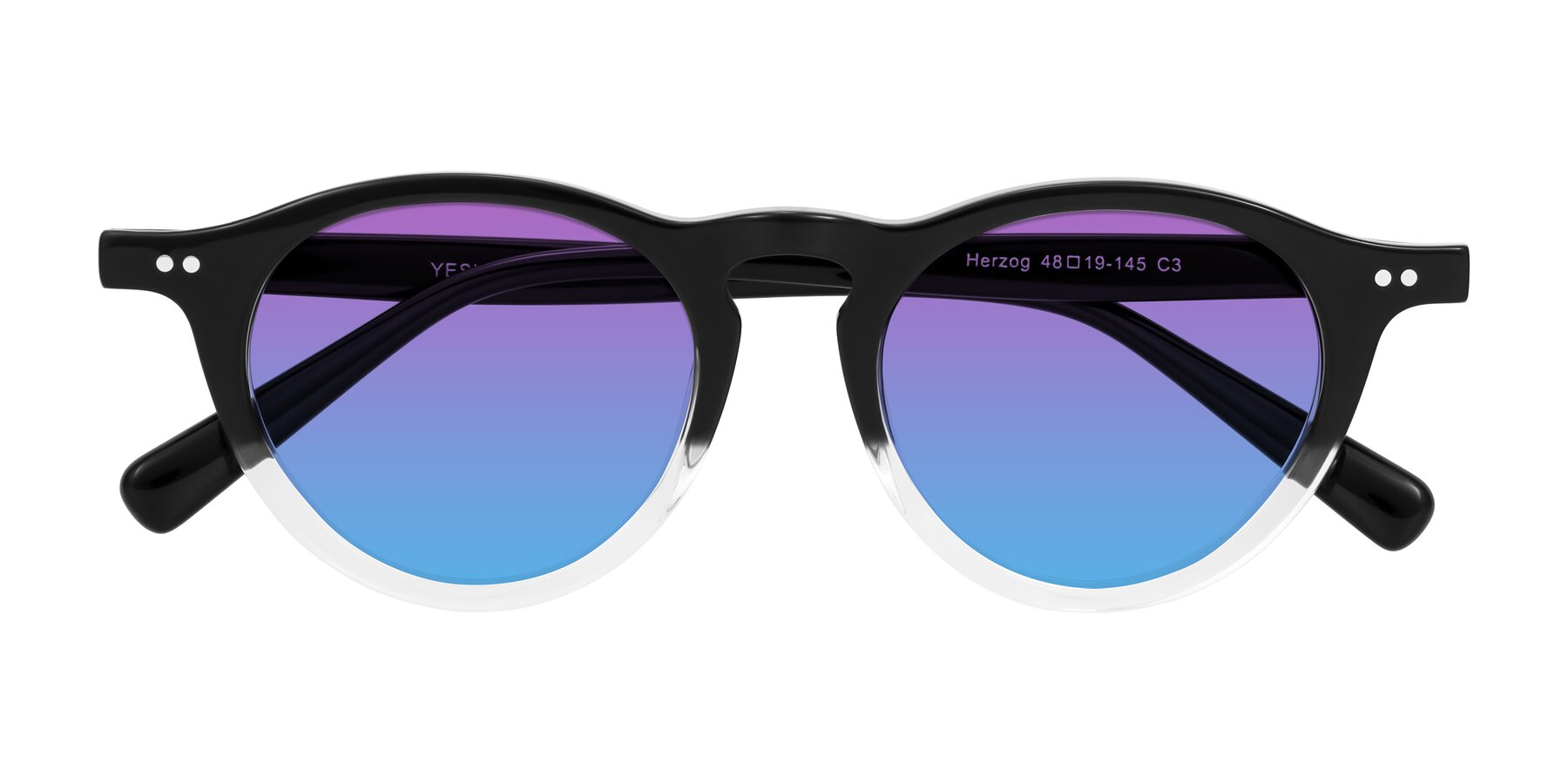 Folded Front of Herzog in Black/Clear with Purple / Blue Gradient Lenses