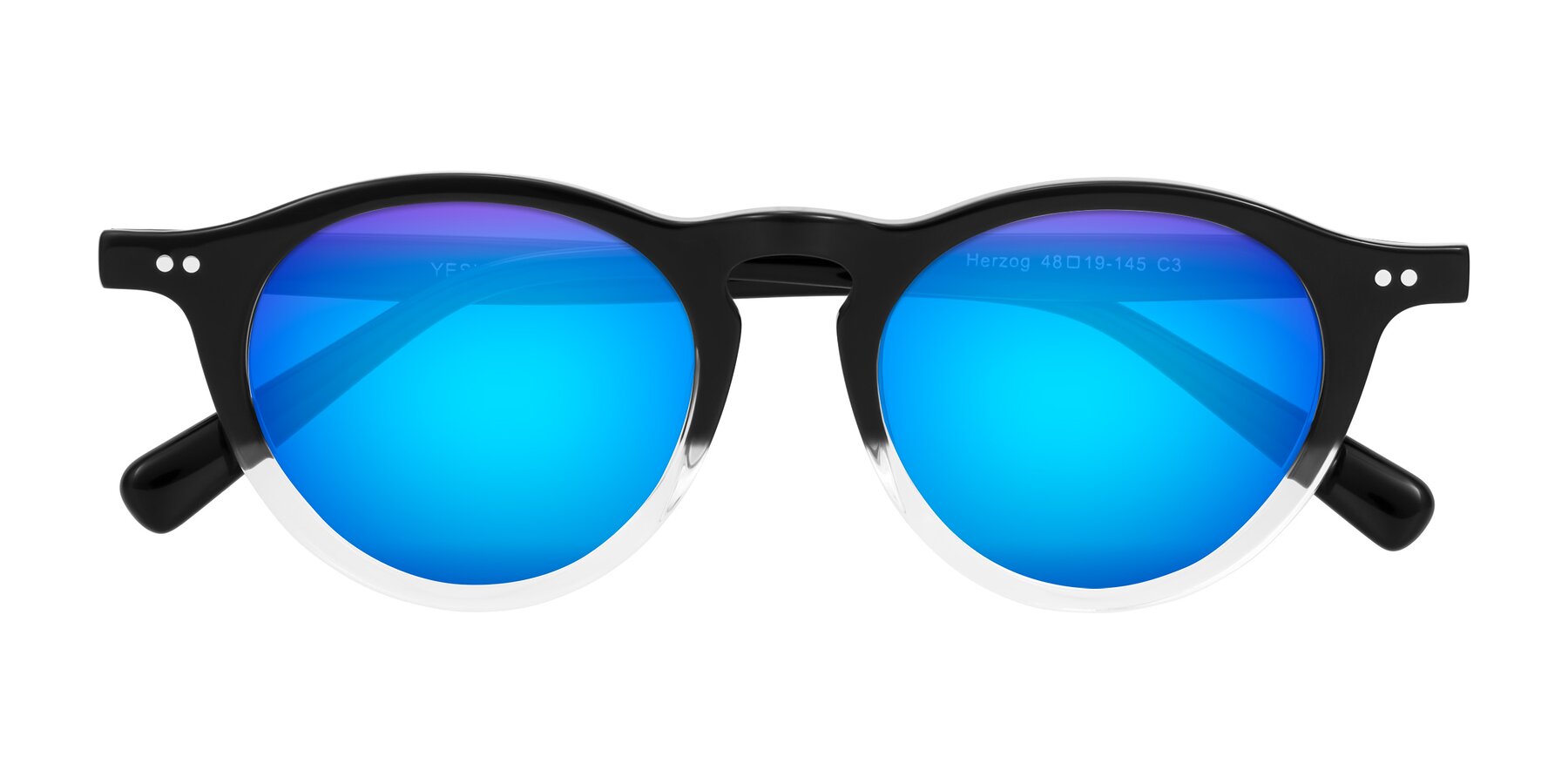 Folded Front of Herzog in Black/Clear with Blue Mirrored Lenses