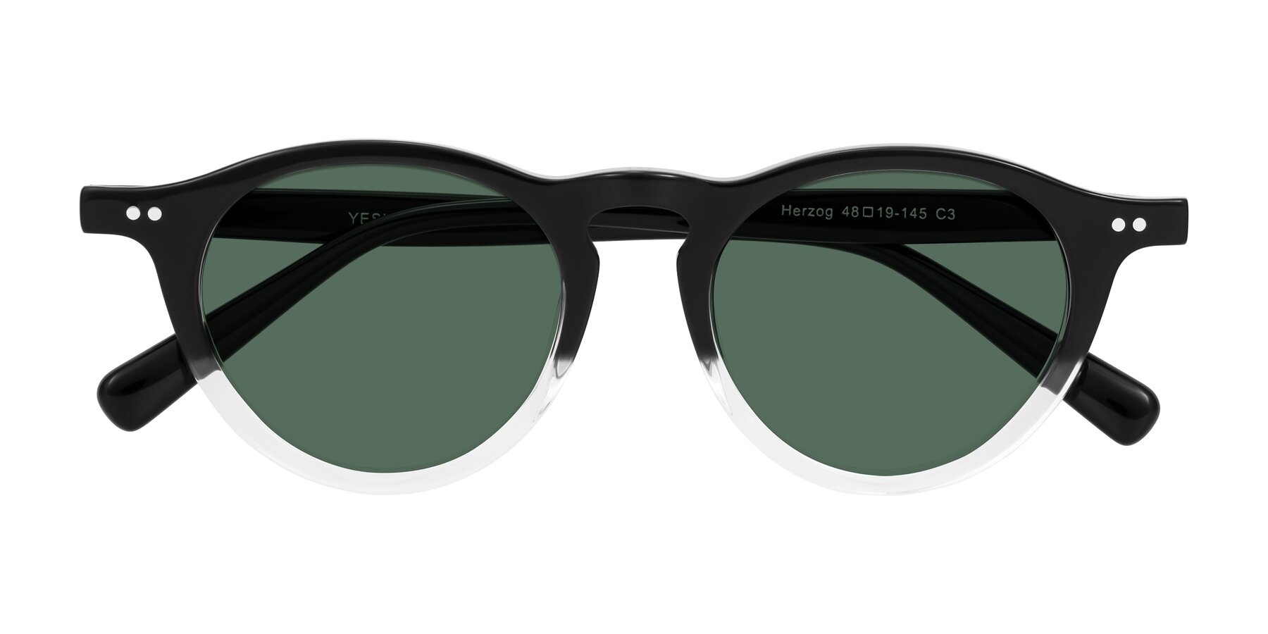 Folded Front of Herzog in Black/Clear with Green Polarized Lenses