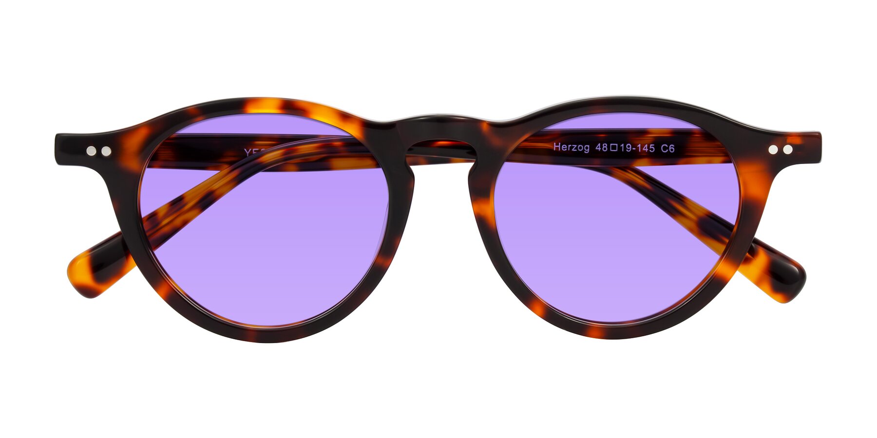 Folded Front of Herzog in Tortoise with Medium Purple Tinted Lenses