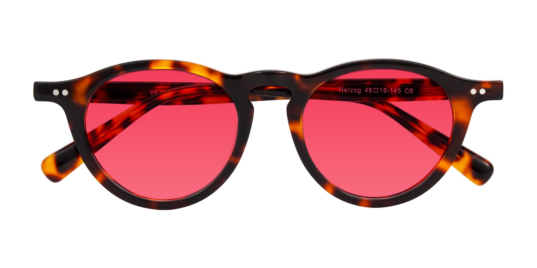Folded Front of Herzog in Tortoise with Red Tinted Lenses