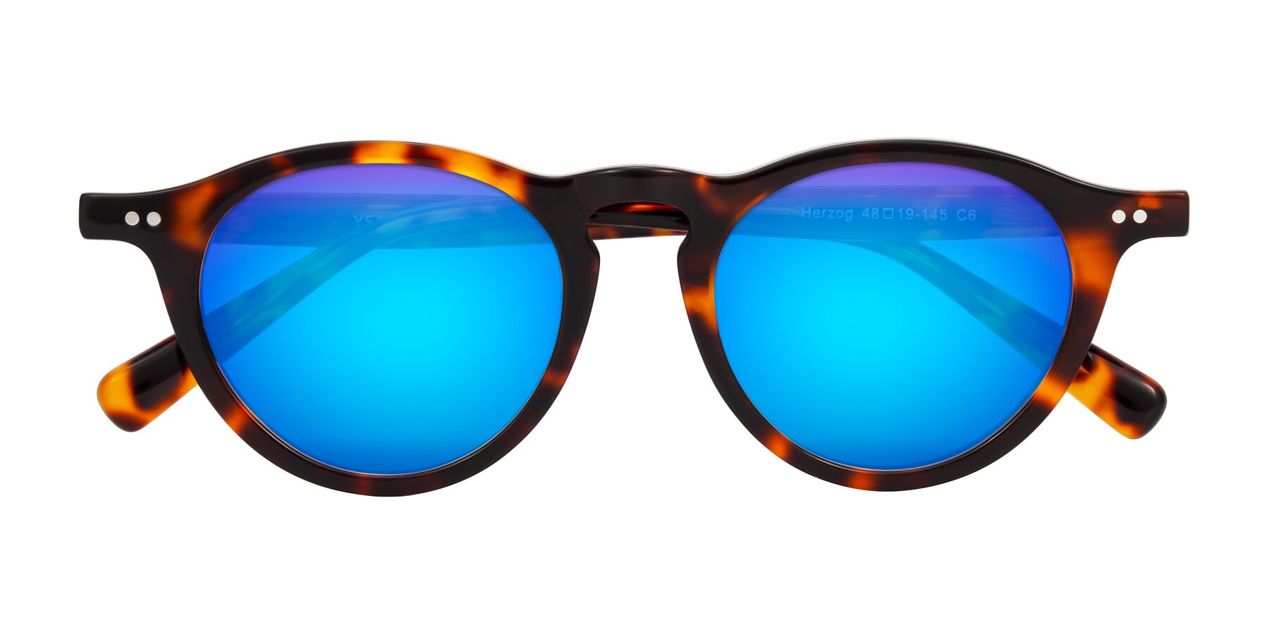 Folded Front of Herzog in Tortoise with Blue Mirrored Lenses