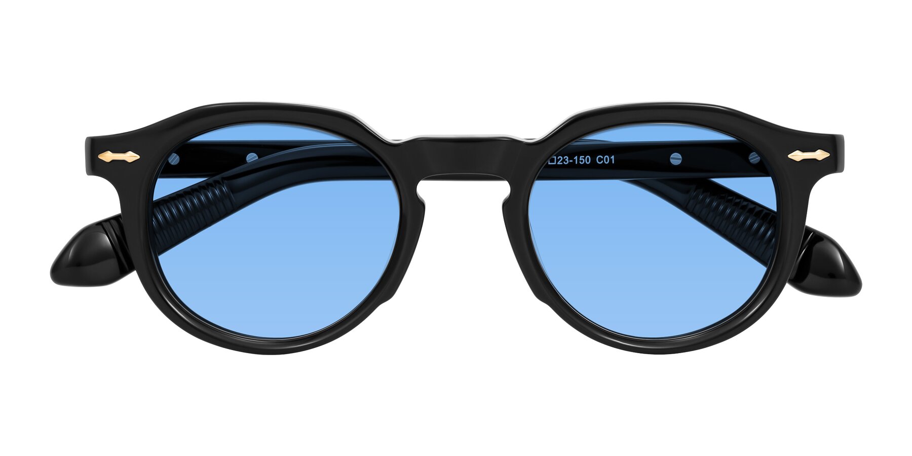Folded Front of Lachard in Black with Medium Blue Tinted Lenses