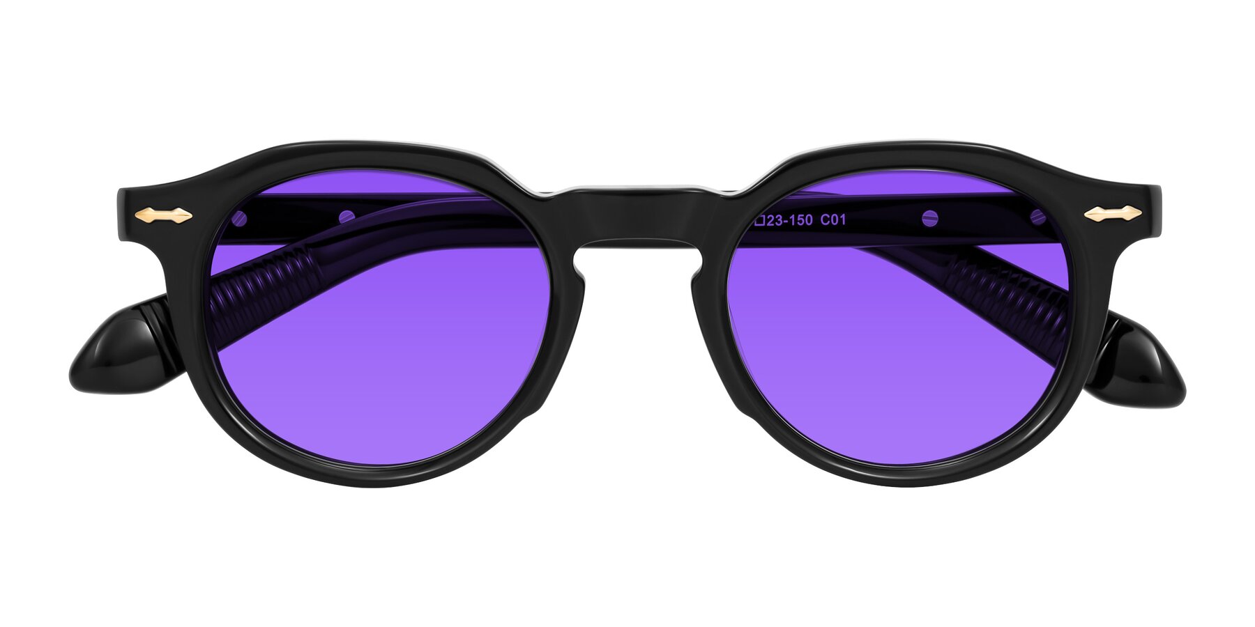 Folded Front of Lachard in Black with Purple Tinted Lenses