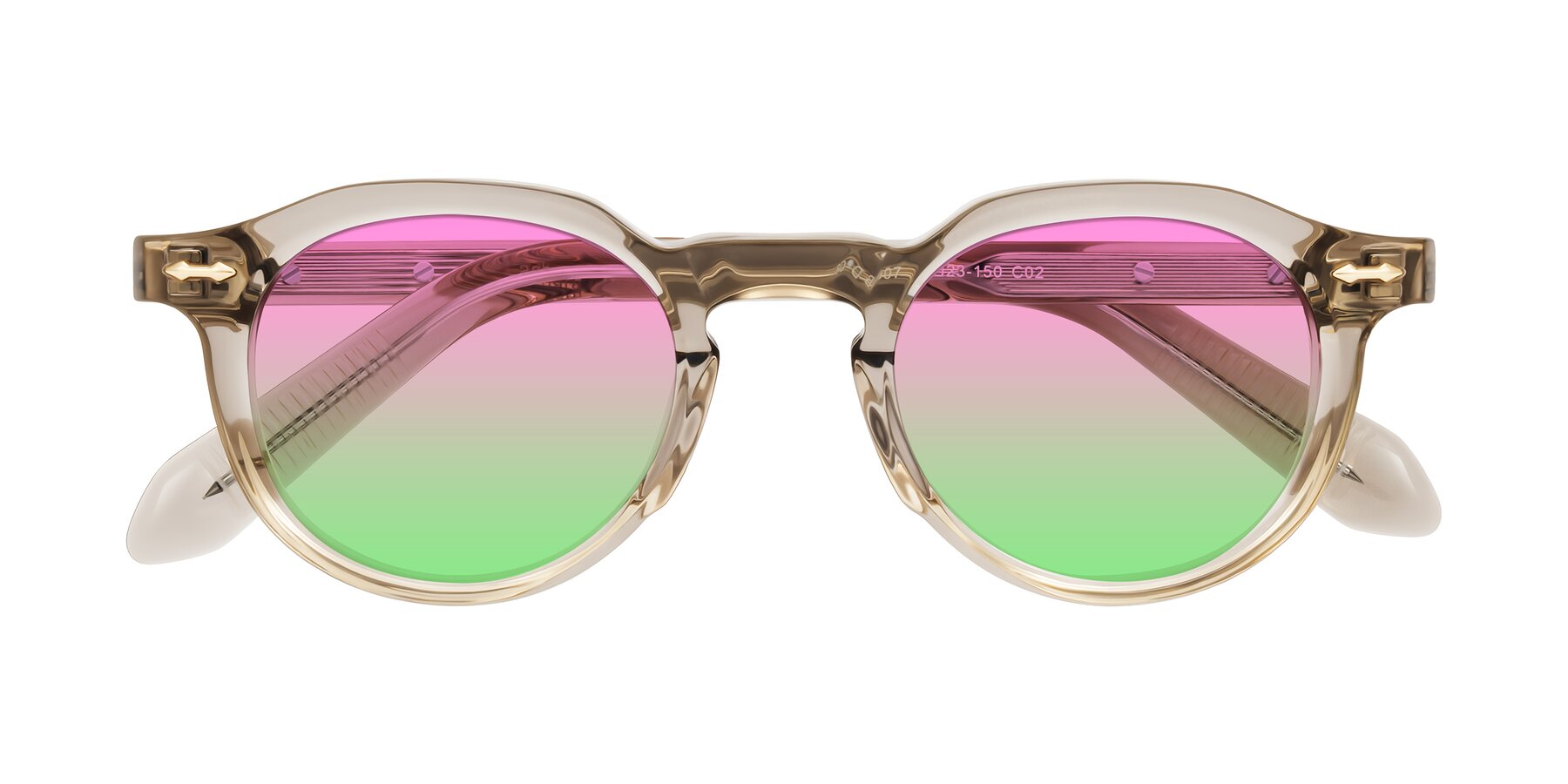 Folded Front of Lachard in Transparent Brown with Pink / Green Gradient Lenses