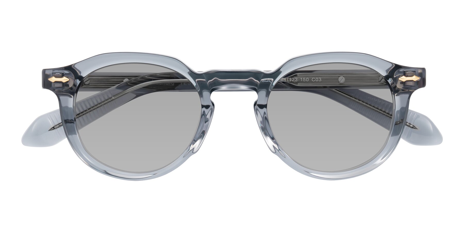 Folded Front of Lachard in Crystal Dusty Blue with Light Gray Tinted Lenses