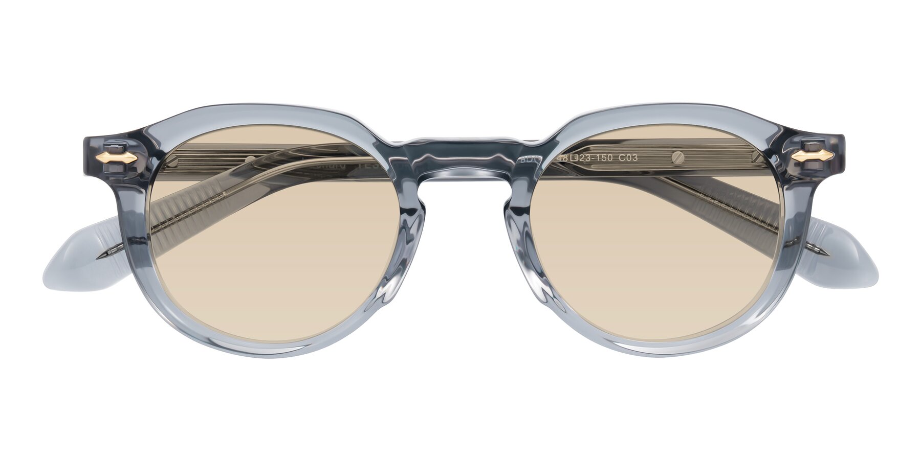 Folded Front of Lachard in Crystal Dusty Blue with Light Brown Tinted Lenses