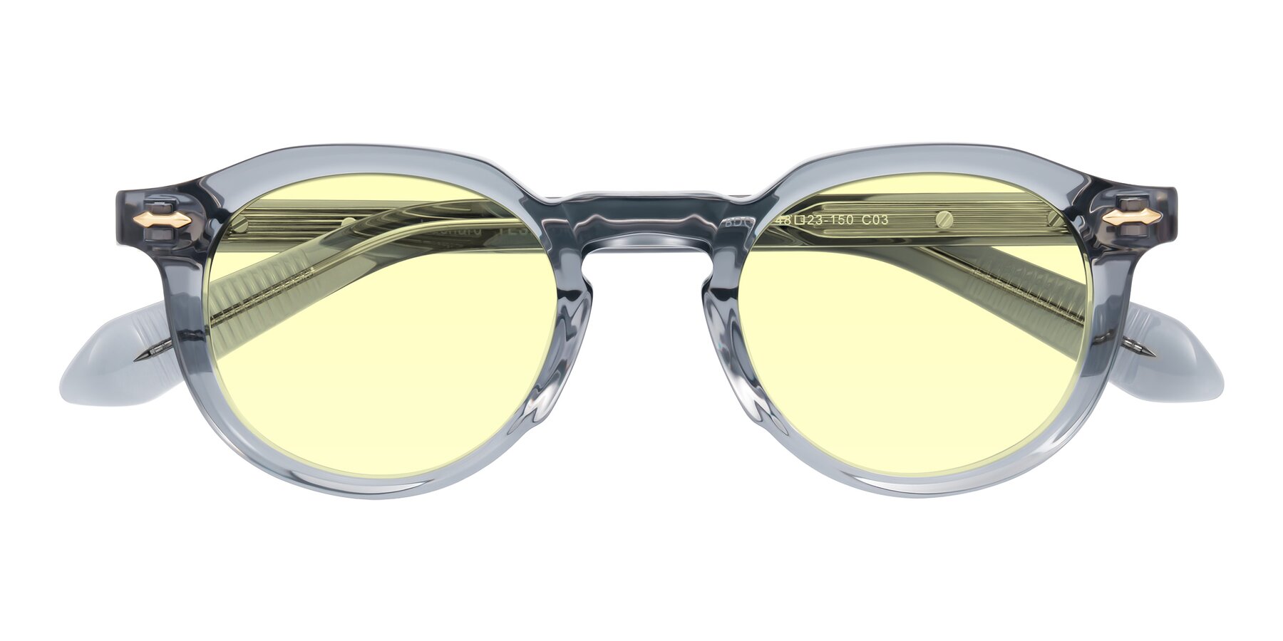 Folded Front of Lachard in Crystal Dusty Blue with Light Yellow Tinted Lenses