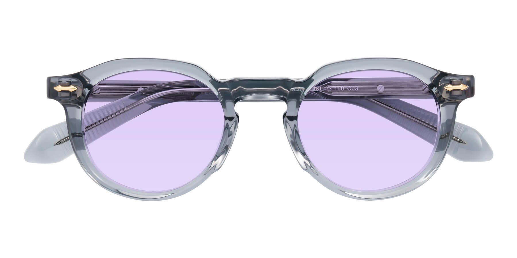 Folded Front of Lachard in Crystal Dusty Blue with Light Purple Tinted Lenses