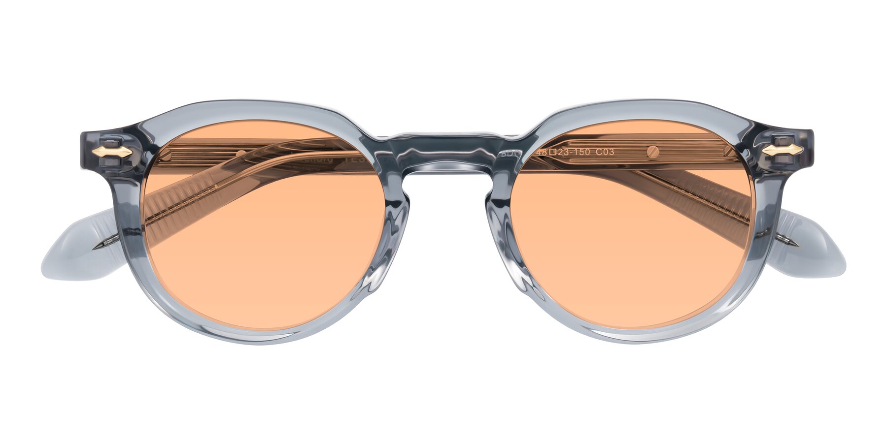 Folded Front of Lachard in Crystal Dusty Blue with Light Orange Tinted Lenses