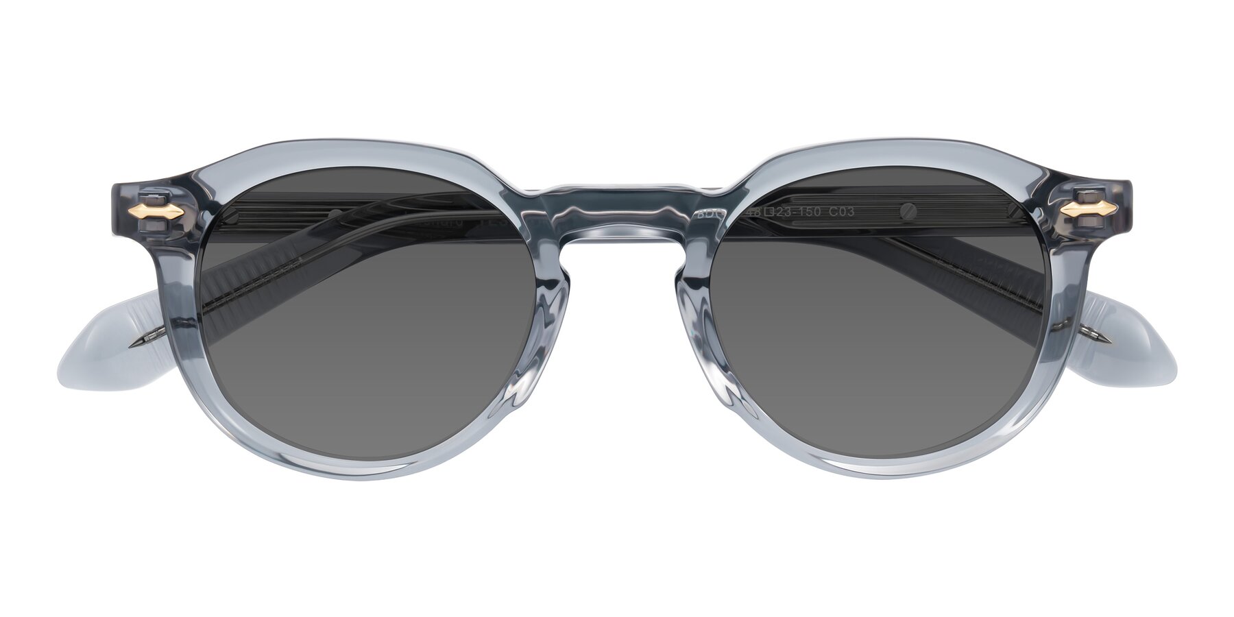 Folded Front of Lachard in Crystal Dusty Blue with Medium Gray Tinted Lenses