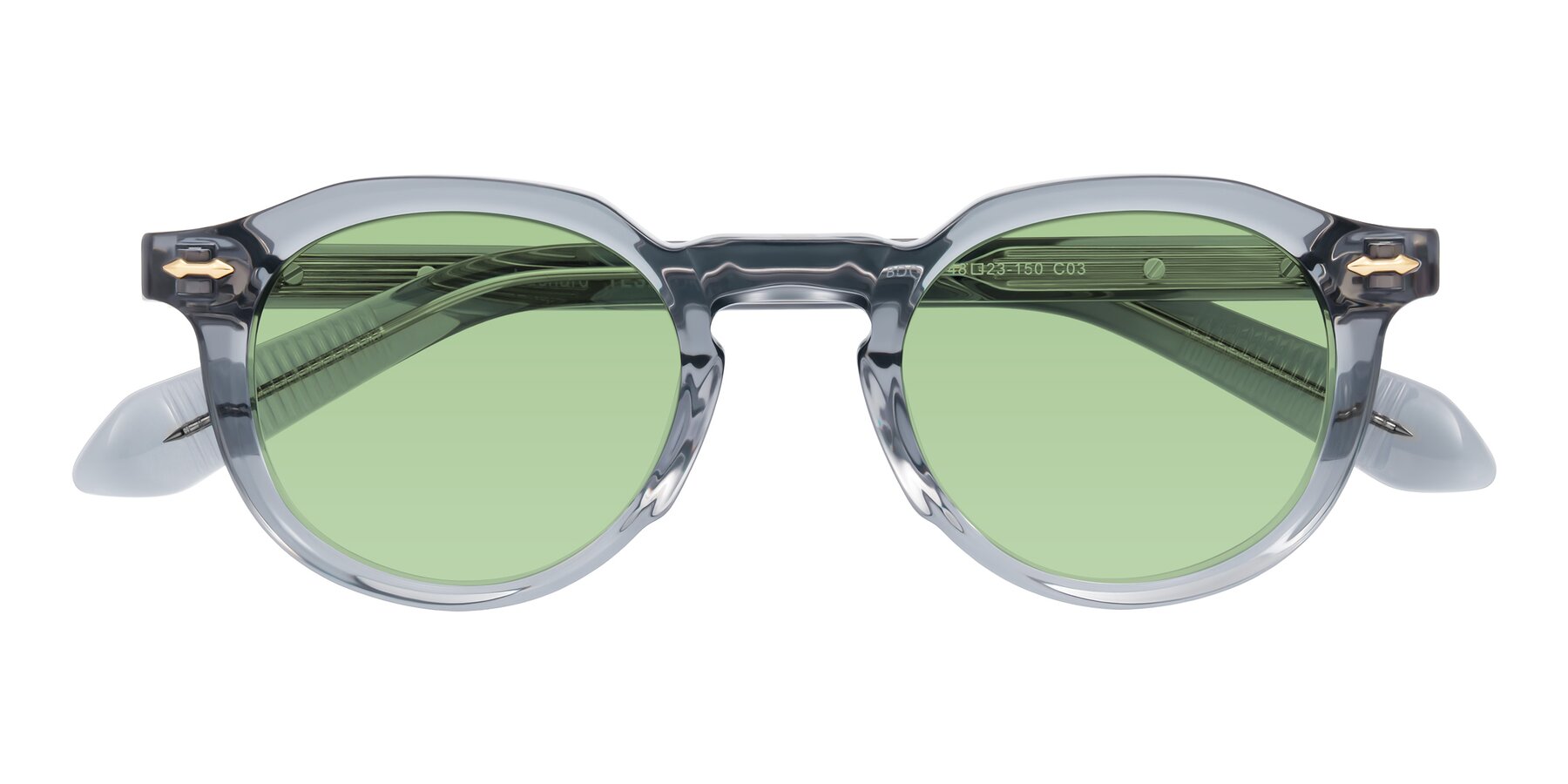 Folded Front of Lachard in Crystal Dusty Blue with Medium Green Tinted Lenses