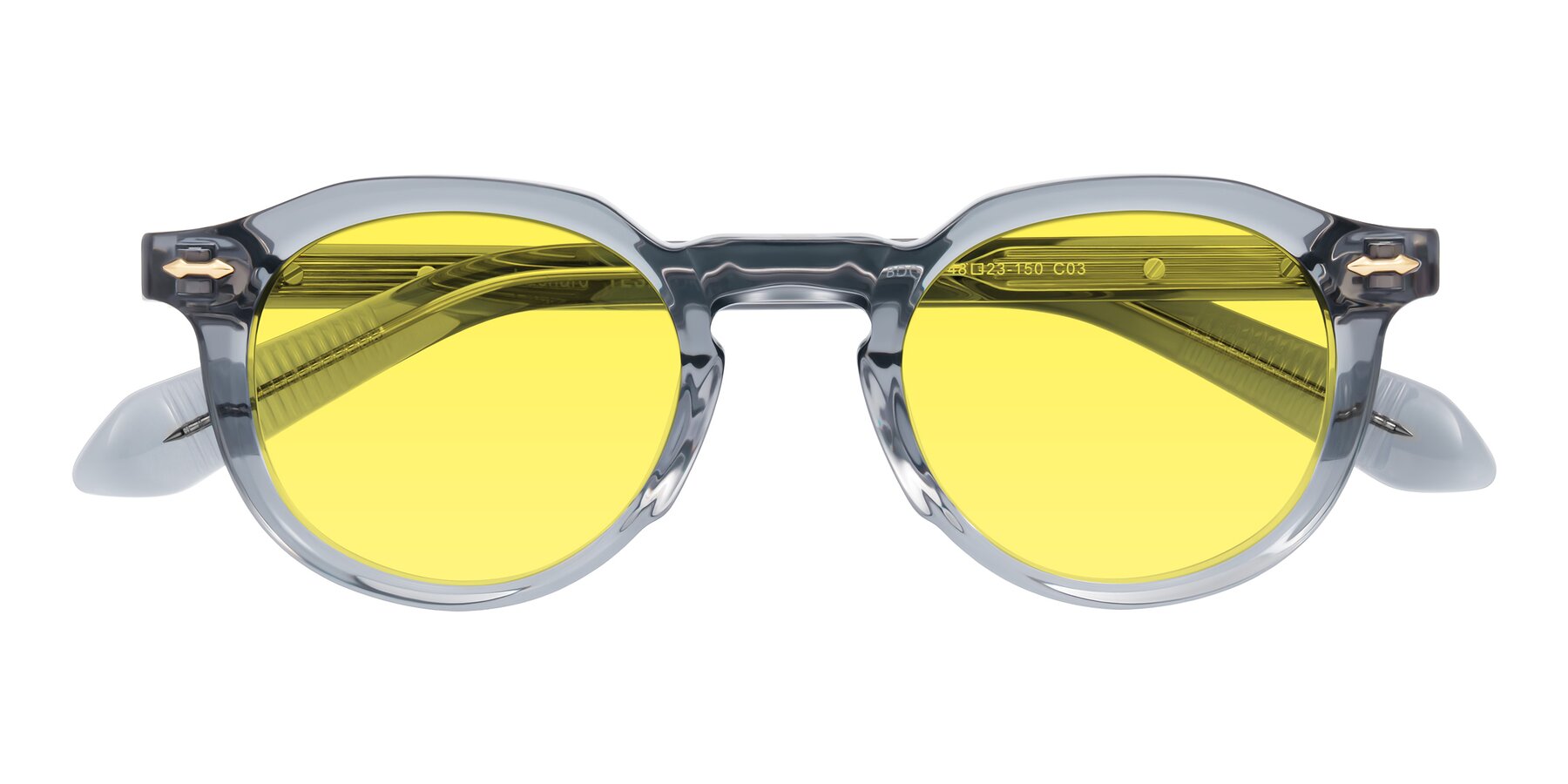 Folded Front of Lachard in Crystal Dusty Blue with Medium Yellow Tinted Lenses