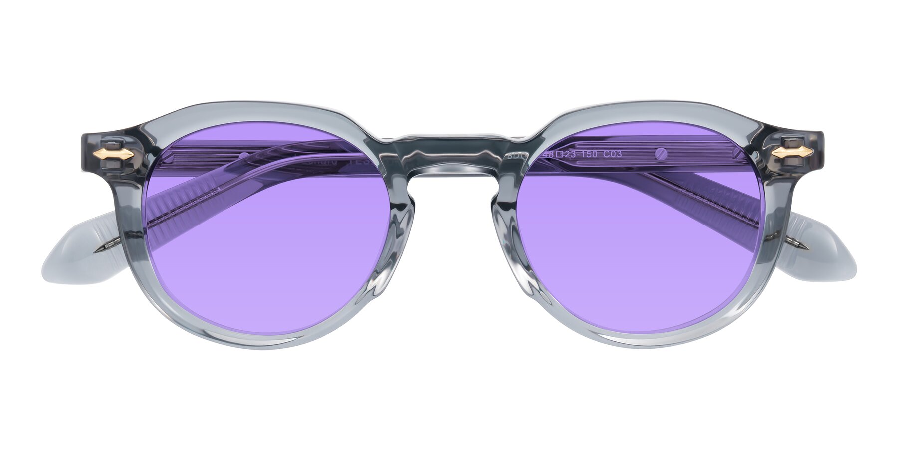 Folded Front of Lachard in Crystal Dusty Blue with Medium Purple Tinted Lenses
