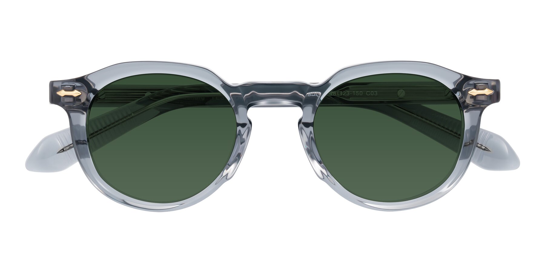 Folded Front of Lachard in Crystal Dusty Blue with Green Tinted Lenses